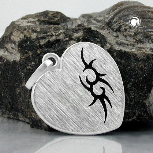 Pendant 23x22mm heart with tribal black-lacquered matt silver 925