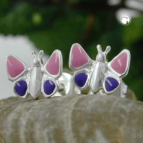 Stud earring 8mm children's earring butterfly pink-purple-lacquered silver 925