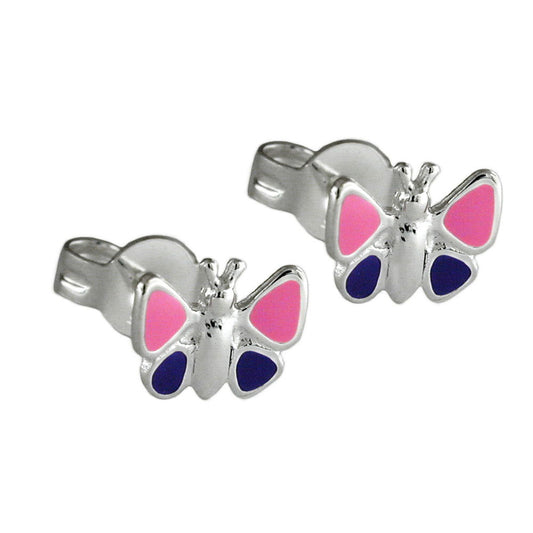 Stud earring 8mm children's earring butterfly pink-purple-lacquered silver 925