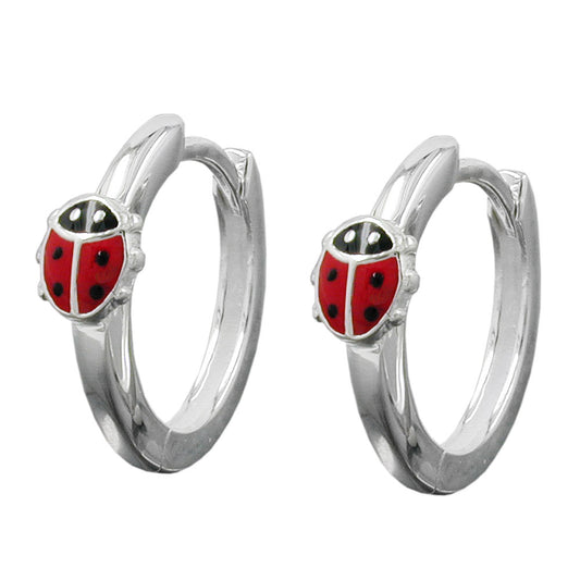 Hoop earrings 14x2mm with hinged ladybug red-black lacquered silver 925