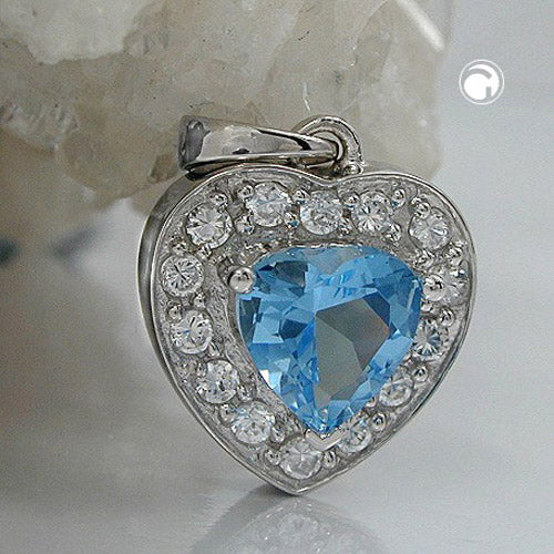 Pendant 14x13mm heart synthetic blue topaz many zirconias rhodium-plated silver 925