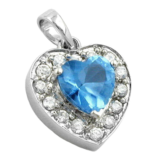 Pendant 14x13mm heart synthetic blue topaz many zirconias rhodium-plated silver 925
