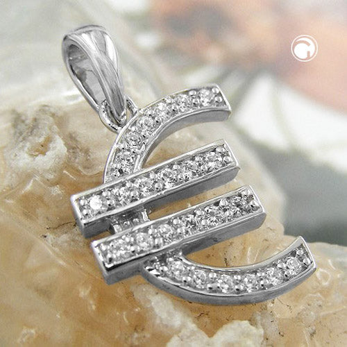 Pendant 15x13mm Euro sign with many zirconias rhodium-plated silver 925