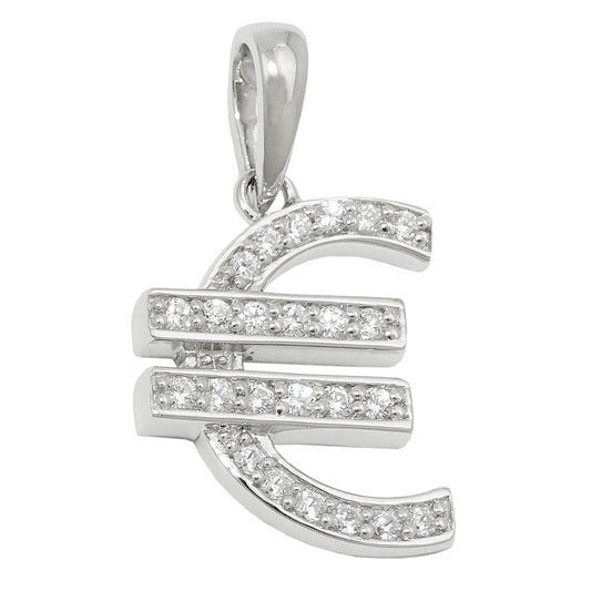 Pendant 15x13mm Euro sign with many zirconias rhodium-plated silver 925