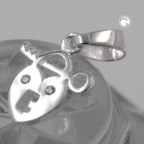 Pendant 13x11mm heart lock with key with zirconia shiny silver 925