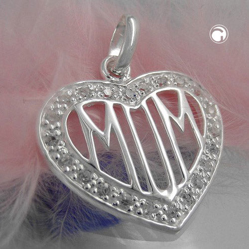 Pendant 20mm heart with many zirconias and filigree inscription MOM silver 925