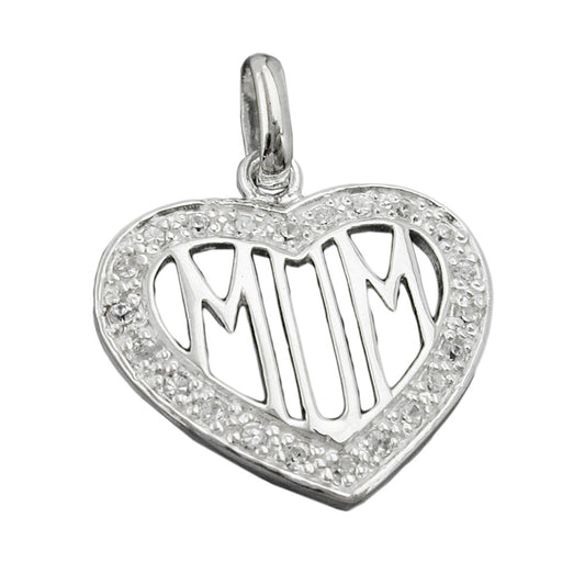 Pendant 20mm heart with many zirconias and filigree inscription MOM silver 925