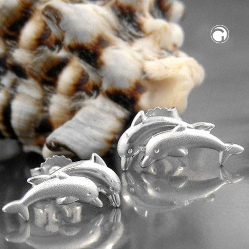 Stud earrings 11x5mm dolphin pair matt-shiny silver 925
