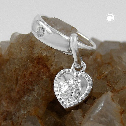 Pendant 12x3mm baptism ring with heart angel zirconia silver 925