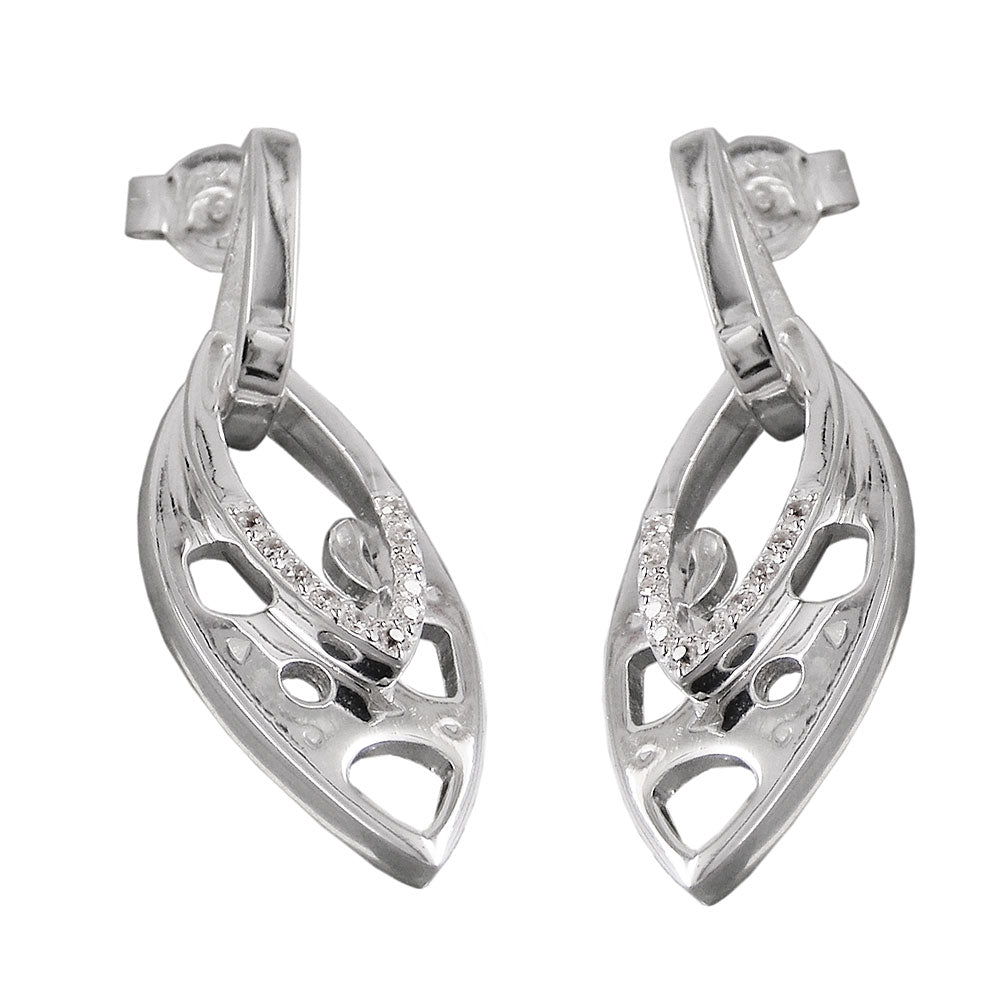 Stud earrings 30x12mm double pendant shiny with zirconias silver 925
