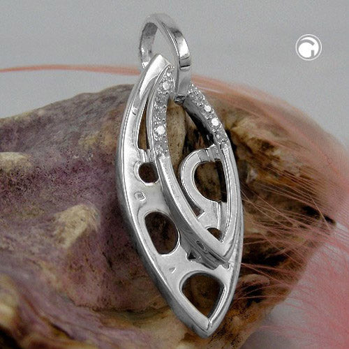 Pendant 30x12mm pointed oval with zirconias shiny silver 925