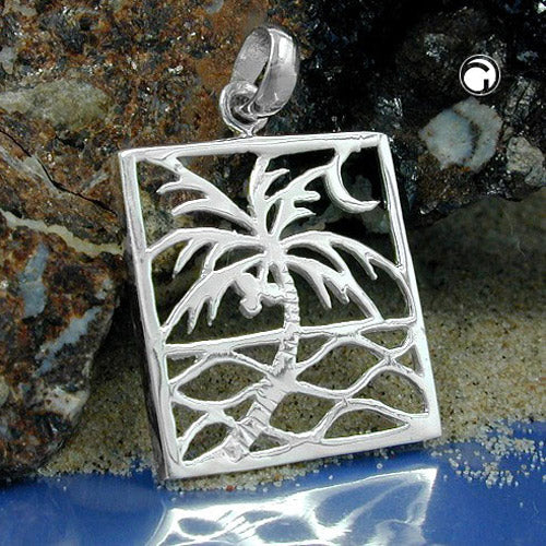 Pendant 26x21mm square with palm tree shiny silver 925