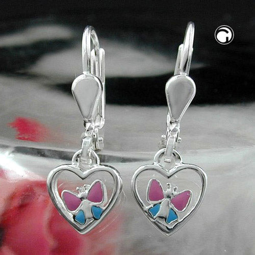 Brisur 23x7mm earring heart with butterfly light blue pink lacquered silver 925