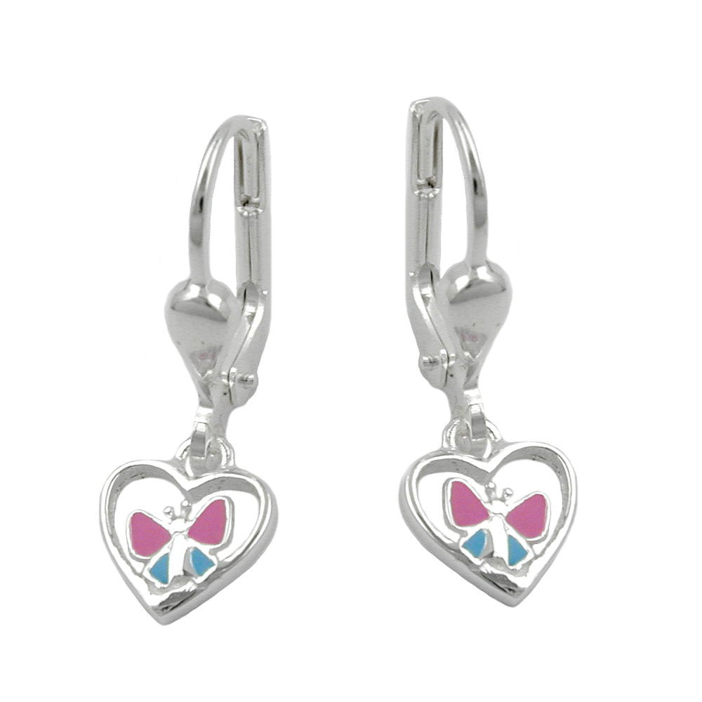 Brisur 23x7mm earring heart with butterfly light blue pink lacquered silver 925