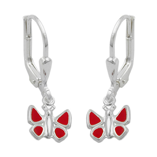 Ear leverback earrings 22x7mm butterfly red painted silver 925
