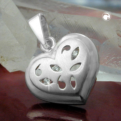 Pendant 14x14mm heart with 3 zirconias matt-glossy silver 925