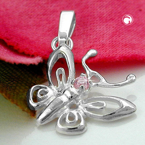 Pendant 14x13mm filigree butterfly with zirconia pink silver 925