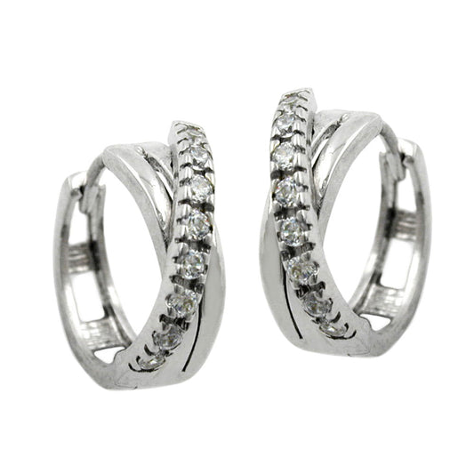 Hoop earrings 12.5x5mm with crossed zirconias, rhodium-plated, silver 925