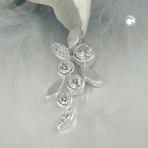 Pendant 23x11mm flower branch with zirconias matt-glossy silver 925