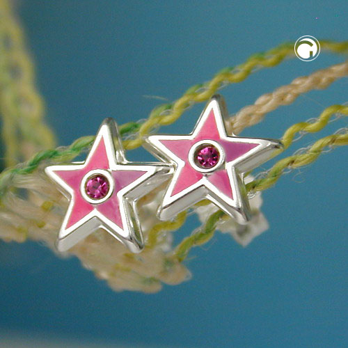 Stud earring 8x8mm children's earring star pink lacquered with glass stone pink silver 925