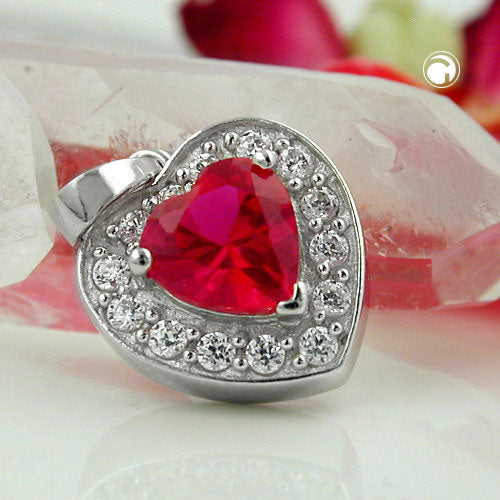Pendant 14x13mm heart zirconia red and many white zirconias rhodium-plated silver 925
