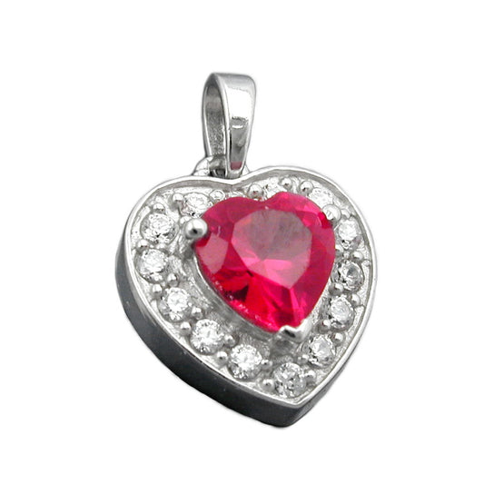 Pendant 14x13mm heart zirconia red and many white zirconias rhodium-plated silver 925