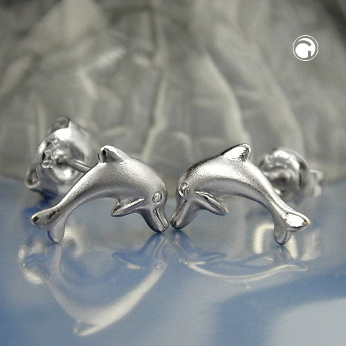 Stud earring 10x5mm jumping dolphin matt-shiny rhodium-plated silver 925