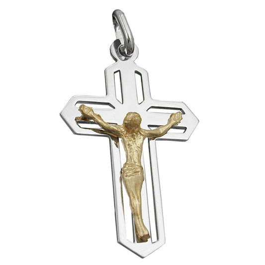 Pendant 38x23mm Cross Jesus bicolor shiny silver 925