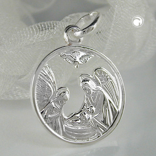 Pendant 15mm Mary and Joseph punched out shiny silver 925