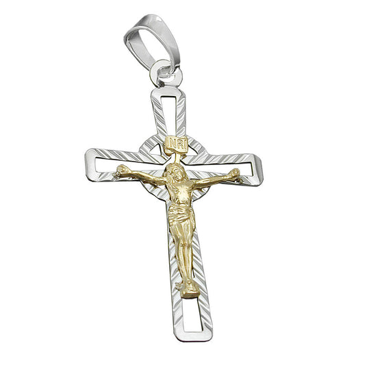 Pendant 40x24mm Cross Jesus bicolor shiny diamond-cut silver 925
