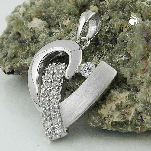 Pendant 19x17mm heart with many zirconias matt-shiny rhodium-plated silver 925