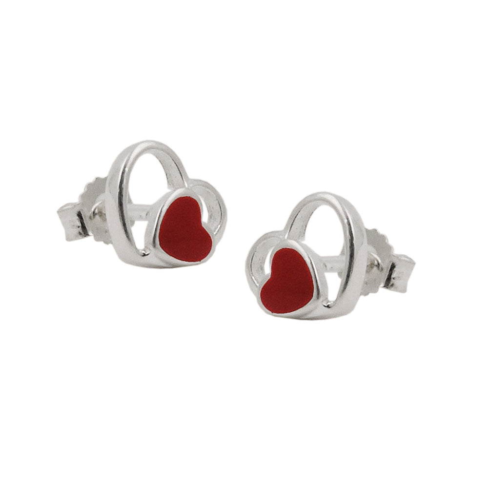 Stud earring 8mm children's earring heart red lacquered in the heart shiny silver 925