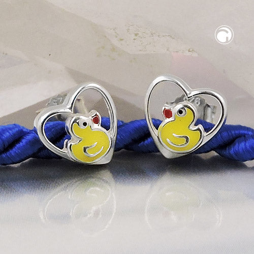 Stud earring 8mm children's earring small duck in the heart colored lacquered silver 925
