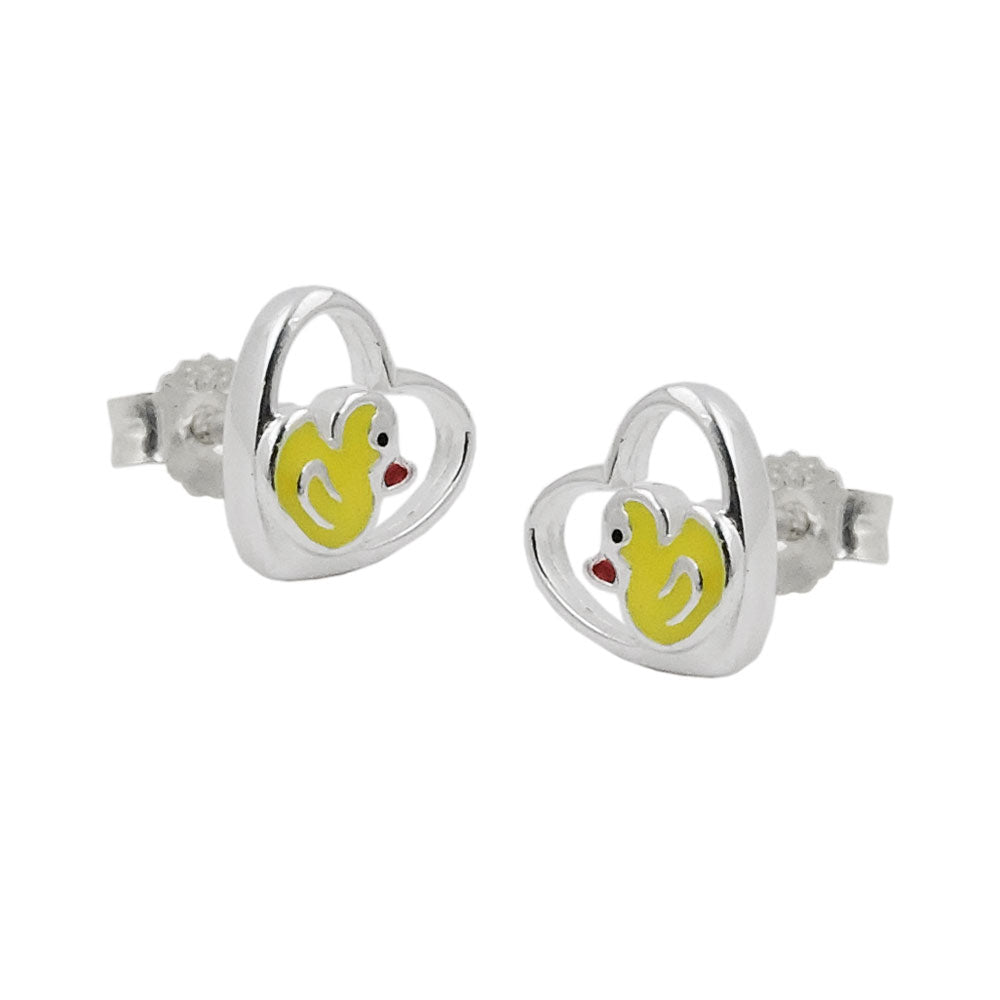 Stud earring 8mm children's earring small duck in the heart colored lacquered silver 925