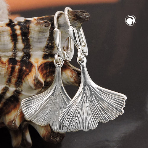 Ear leverback earrings 16x17mm ginkgo leaf shiny silver 925