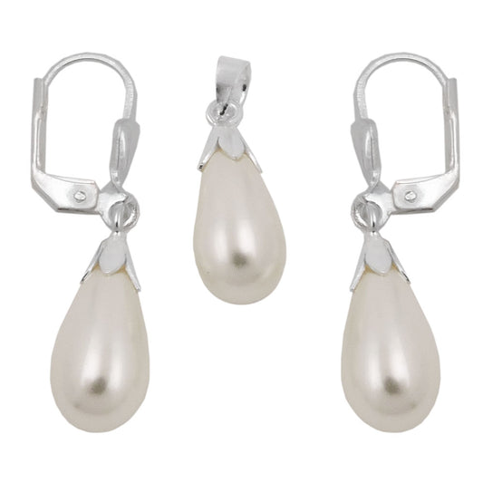 Set 18x7mm pendant and earring imitation pearl drop silver 925