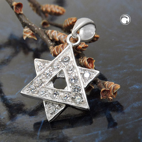 Pendant 14mm David Star with many zirconias shiny silver 925