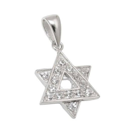Pendant 14mm David Star with many zirconias shiny silver 925