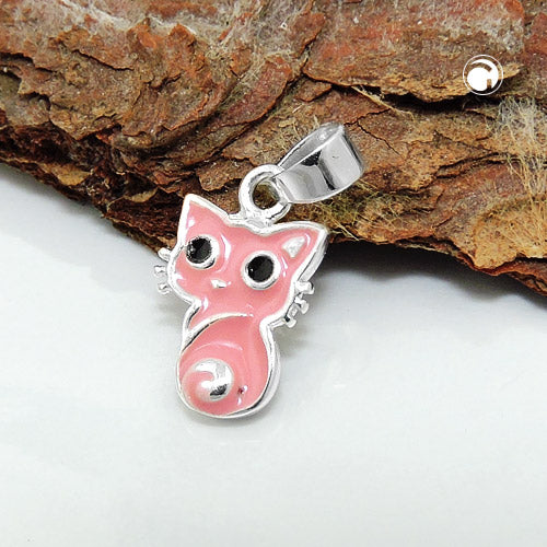 Pendant 11x8mm cat pink black lacquered silver 925