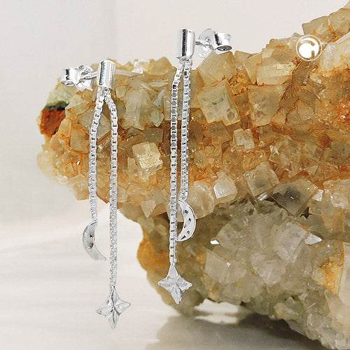 Stud earrings 41mm long chain with moon/star silver 925