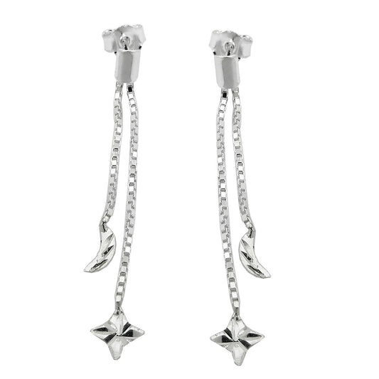 Stud earrings 41mm long chain with moon/star silver 925