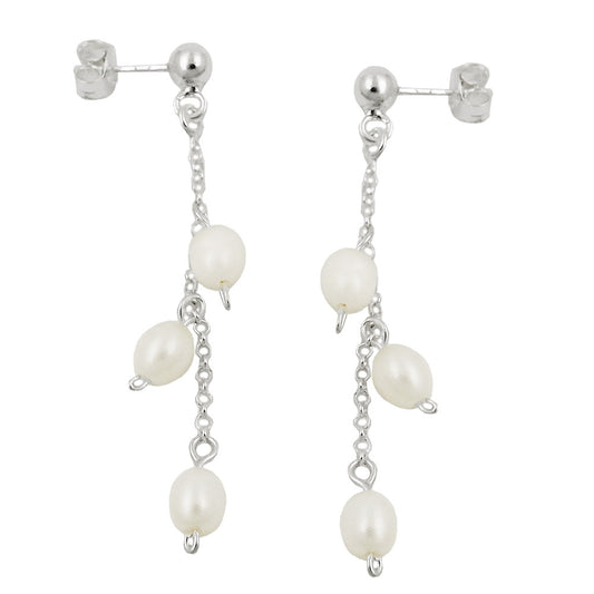 Stud earrings 45x5mm earrings with chain and 3 cultured pearls silver 925