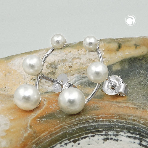 Stud earrings 16x5mm each with 3 imitation pearls on a curved rail, silver 925