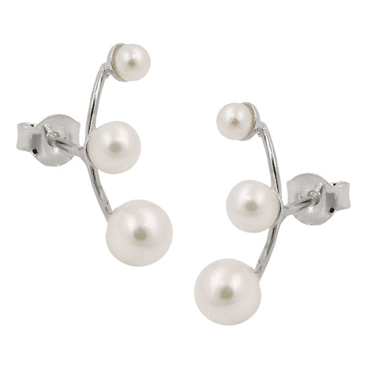 Stud earrings 16x5mm each with 3 imitation pearls on a curved rail, silver 925