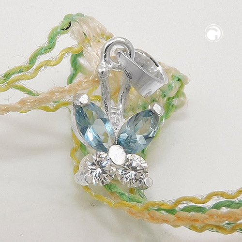 Pendant 11x9mm butterfly zirconia white and synthetic aquamarine silver 925