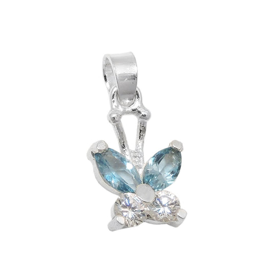 Pendant 11x9mm butterfly zirconia white and synthetic aquamarine silver 925