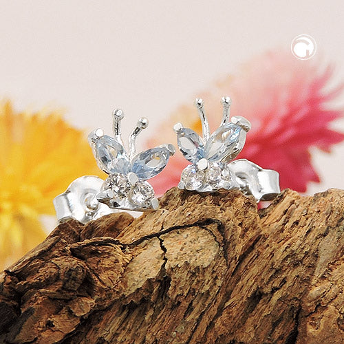 Stud earrings 7x6mm butterfly zirconia white and synthetic aquamarine silver 925