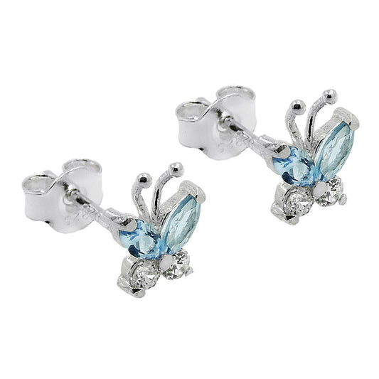 Stud earrings 7x6mm butterfly zirconia white and synthetic aquamarine silver 925