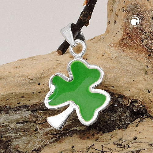 Pendant 12x10mm clover leaf green enamelled silver 925