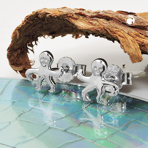 Stud earring 8x9mm octopus shiny rhodium-plated silver 925